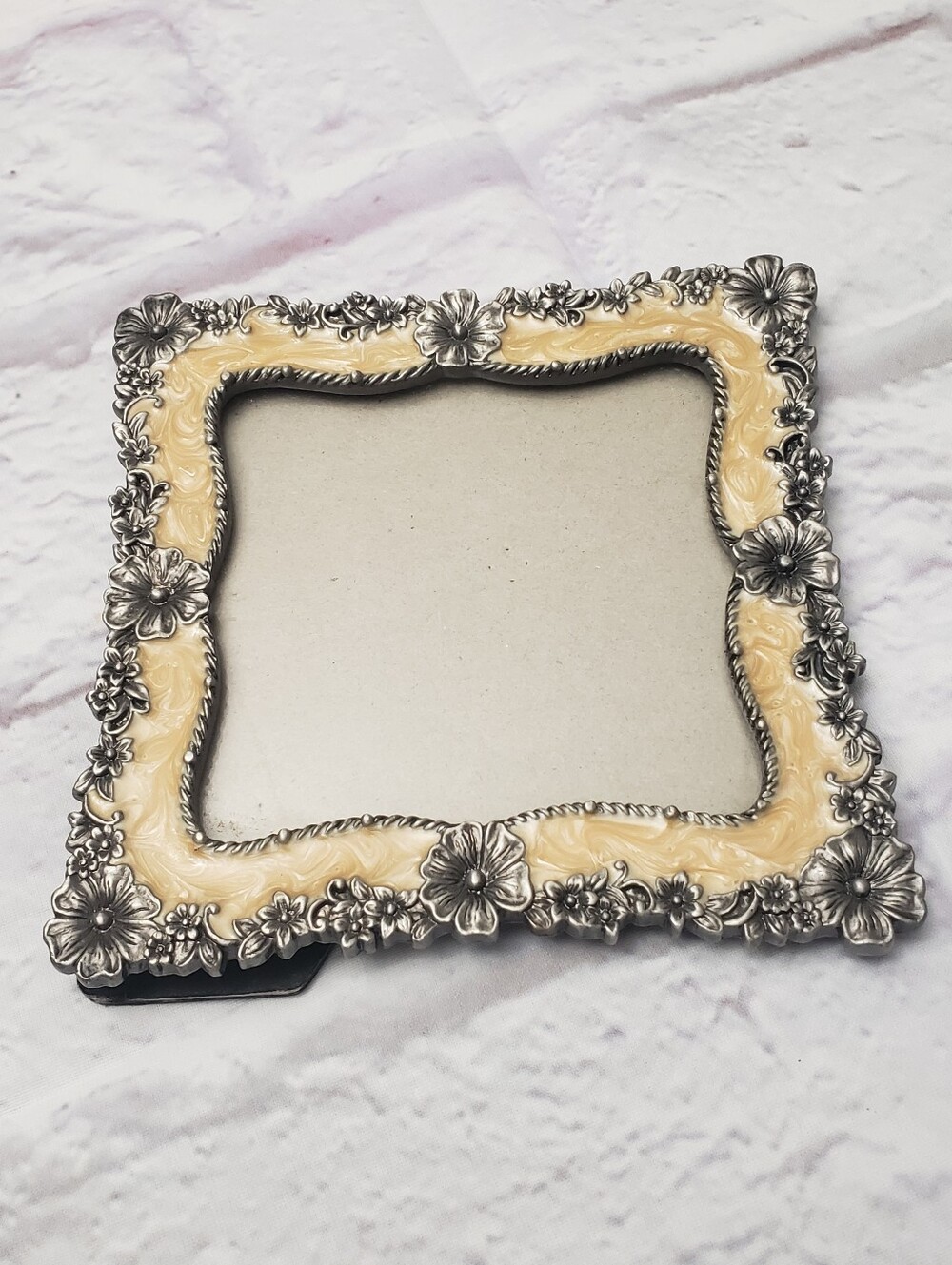 Pewter & Enamel Floral Square Easel-Back Picture Frame